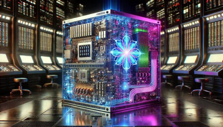 A photorealistic drawing of a top secret quantum computer in a high tech government lab