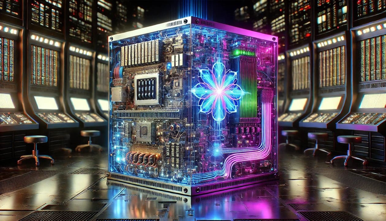 A photorealistic drawing of a top secret quantum computer in a high tech government lab