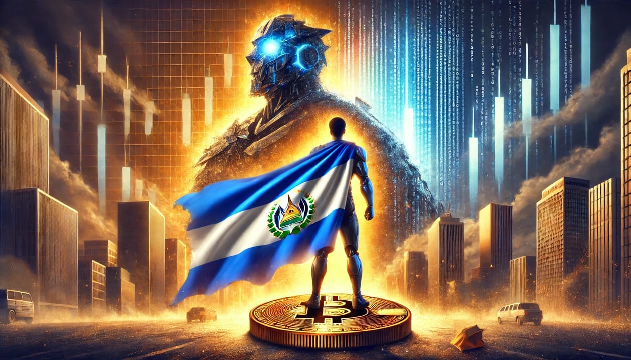A dramatic digital painting representing the concept of El Salvador versus the IMF