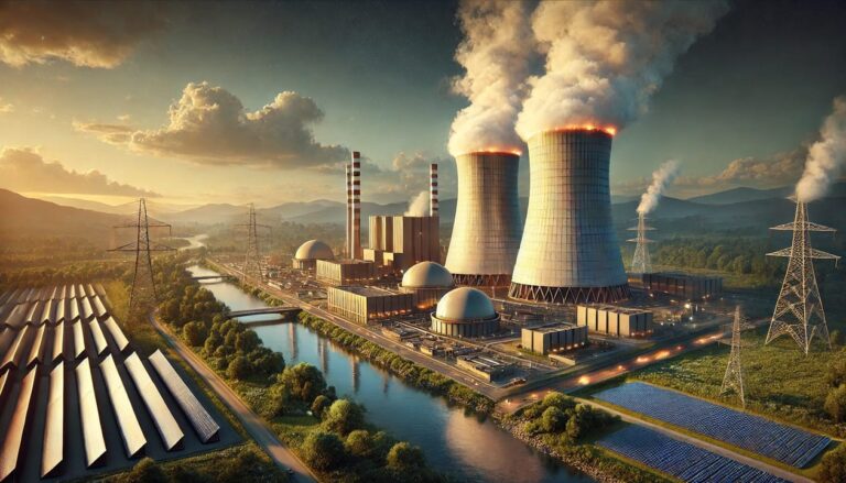 Digital artwork of a modern nuclear power plant, showcasing tall cooling towers emitting light vapor