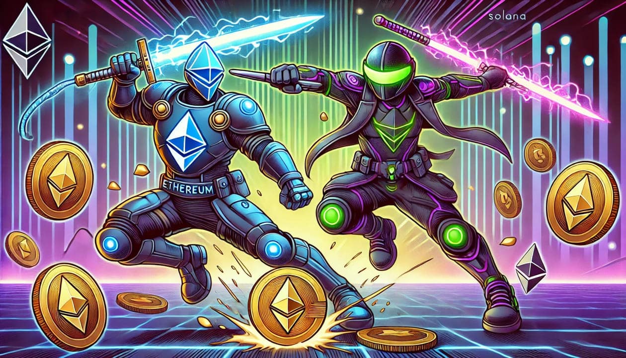 A cartoon style illustration of Ethereum versus Solana in an intense battle scene