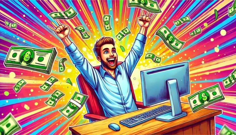 A vibrant cartoon style drawing of a stock trader sitting in front of a computer, celebrating joyfully with his hands in the air