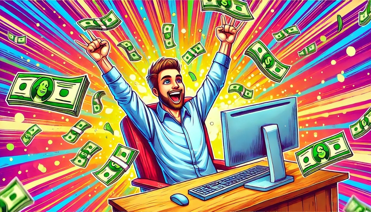 A vibrant cartoon style drawing of a stock trader sitting in front of a computer, celebrating joyfully with his hands in the air