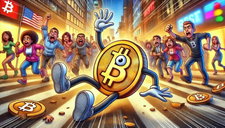 A drawing of a Bitcoin coin with arms and legs, tripping and falling in fear as it tries to escape an angry crowd