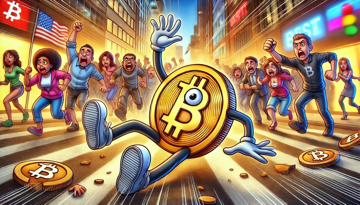 A drawing of a Bitcoin coin with arms and legs, tripping and falling in fear as it tries to escape an angry crowd