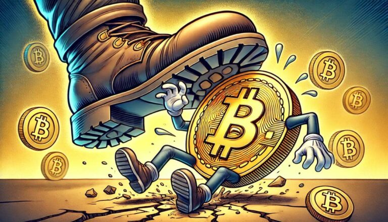 A cartoon drawing of a Bitcoin coin with expressive arms and legs, getting crushed under a giant boot