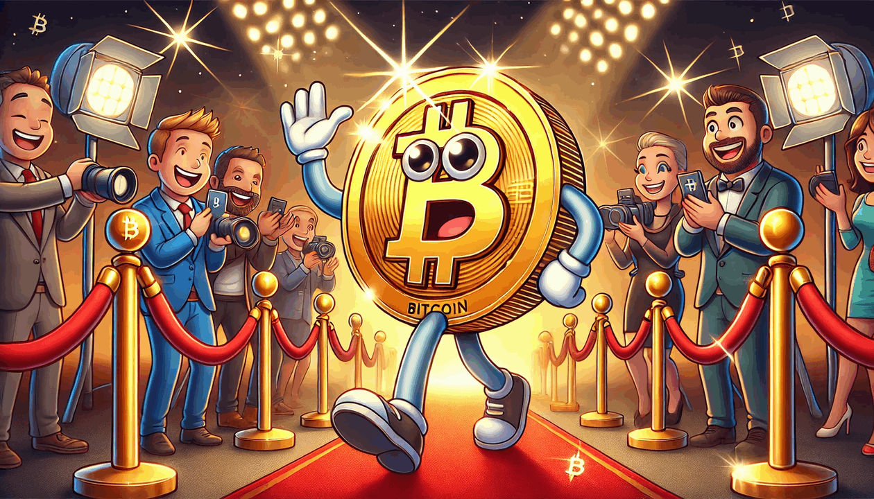 A cartoon style digital illustration of a large, anthropomorphic Bitcoin coin with expressive eyes, arms, and legs confidently walking the red carpet