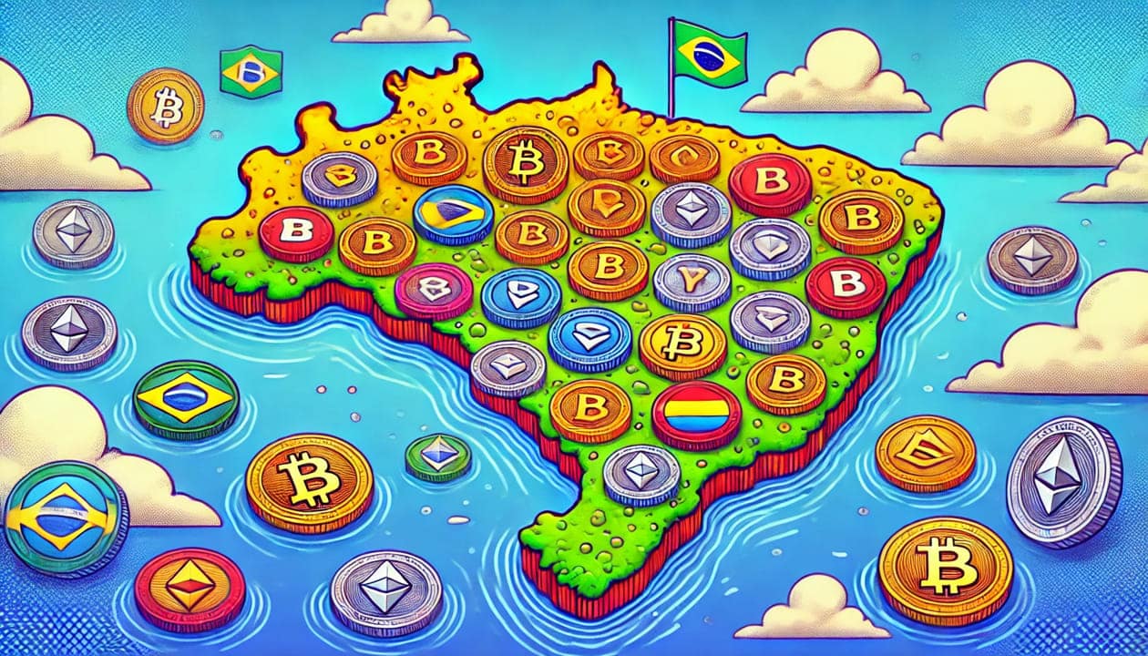 A drawing of the country of Brazil, depicted as a vibrant landmass with various altcoins placed on top of it