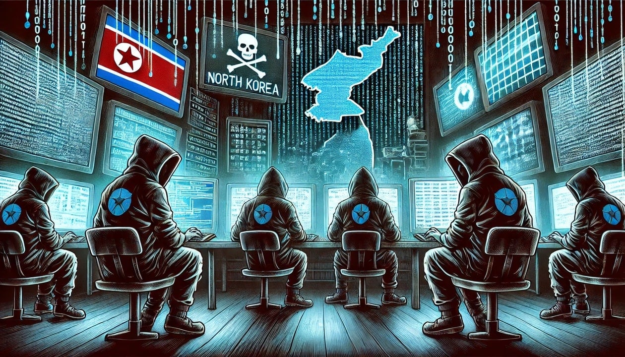 A drawing of shadowy hacker figures from North Korea, sitting in a dark room filled with computer screens displaying lines of code