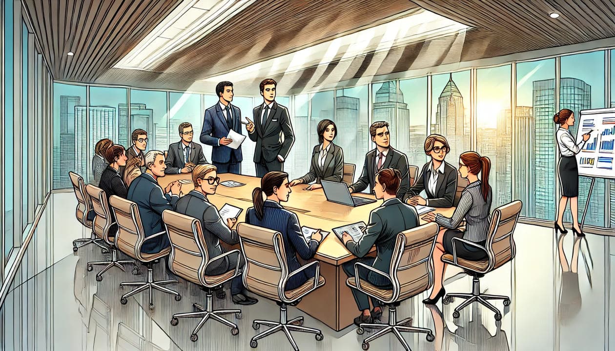 A cartoon style drawing of men and women in business suits engaged in a meeting, sitting around a large conference table