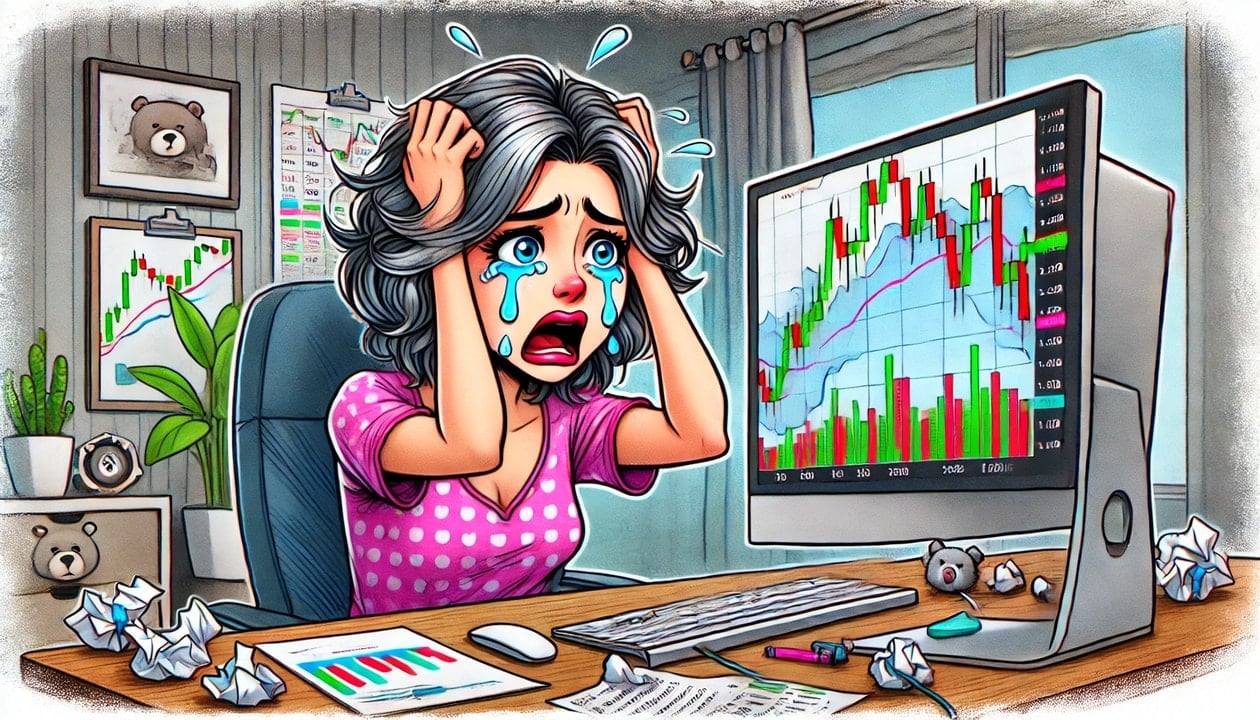 A drawing of a woman crying in front of her computer after a losing trade