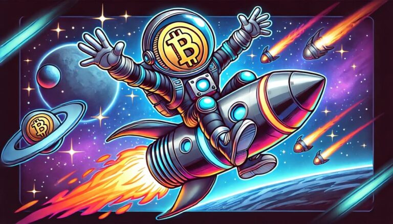 A cartoon drawing of a Bitcoin with arms and legs, dynamically riding on a futuristic rocket ship soaring through outer space
