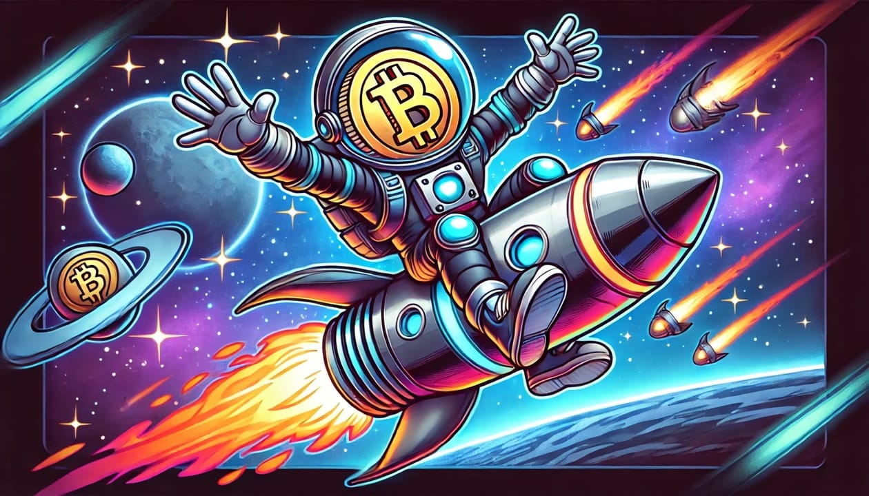 A cartoon drawing of a Bitcoin with arms and legs, dynamically riding on a futuristic rocket ship soaring through outer space