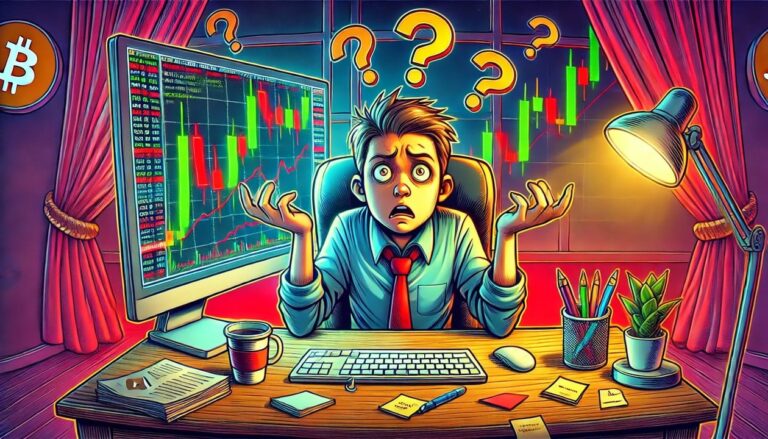 A cartoon drawing of a confused crypto trader sitting at a desk, staring at a computer screen displaying volatile cryptocurrency charts