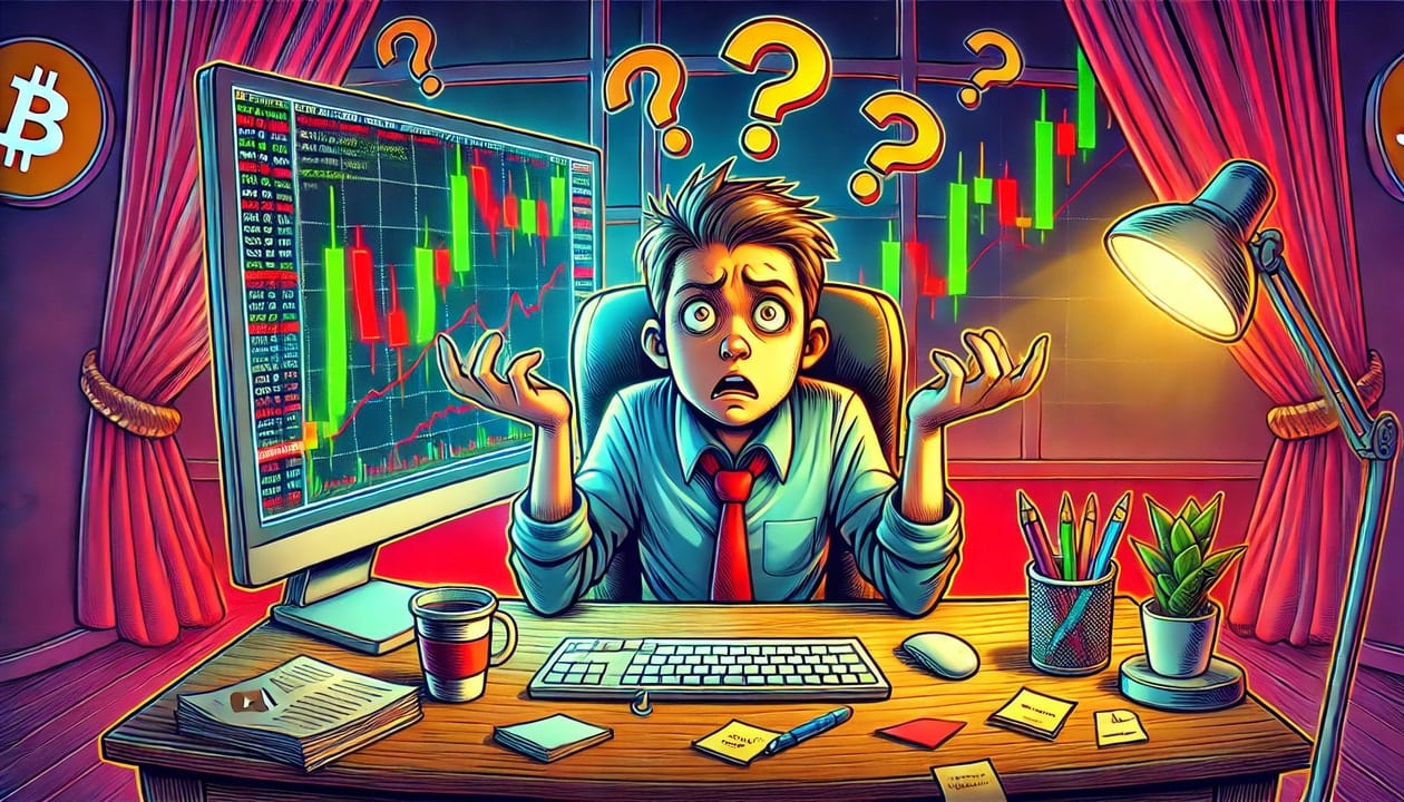 A cartoon drawing of a confused crypto trader sitting at a desk, staring at a computer screen displaying volatile cryptocurrency charts