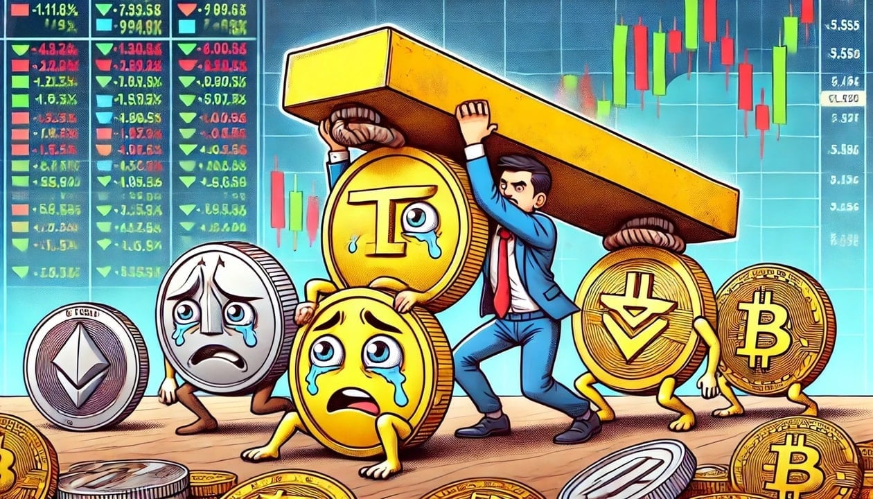 A drawing depicting trade tariffs as large, heavy weights pushing down on various altcoins