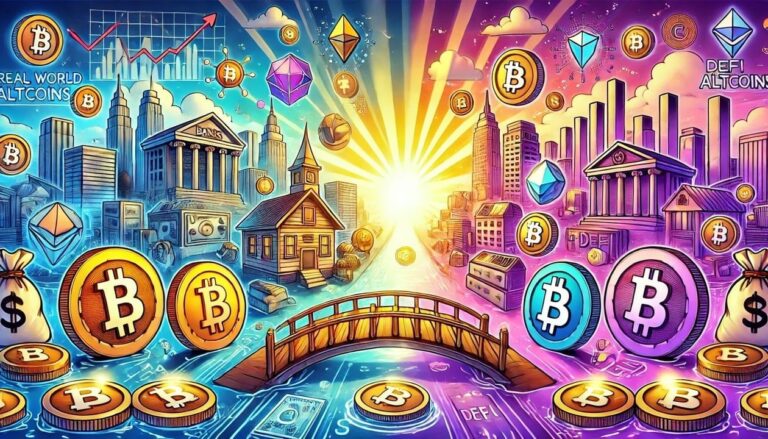 A colorful cartoon style illustration depicting the concept of Real World Asset Altcoins vs. DeFi Altcoins