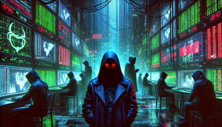 A digital painting of mysterious and cloaked Chinese hackers in a dimly lit underground cyber cafe, surrounded by glowing computer screens