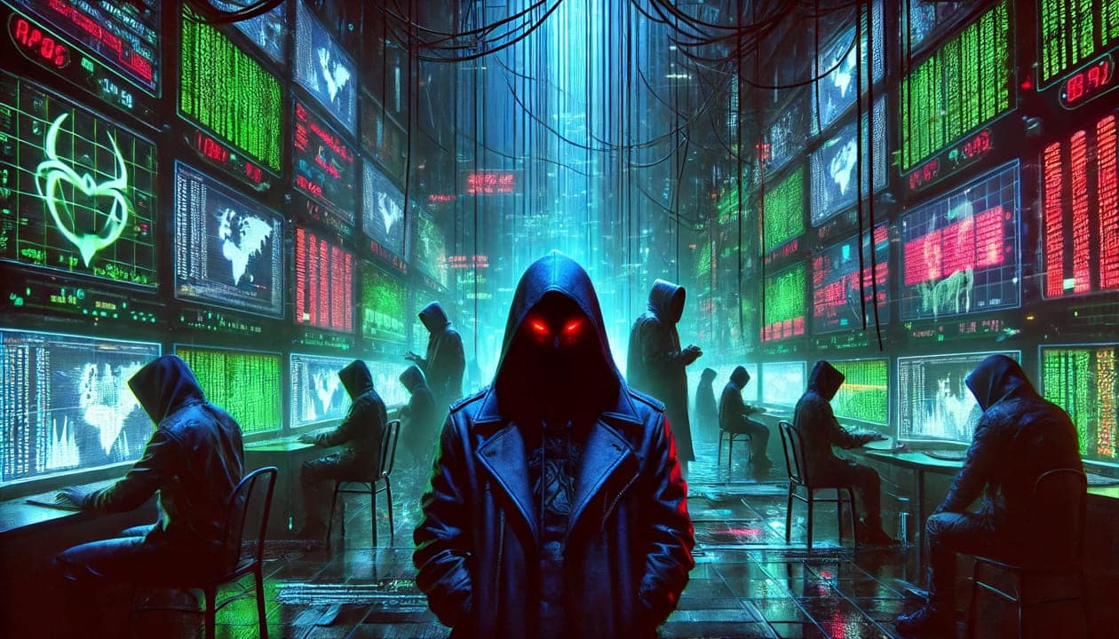 A digital painting of mysterious and cloaked Chinese hackers in a dimly lit underground cyber cafe, surrounded by glowing computer screens