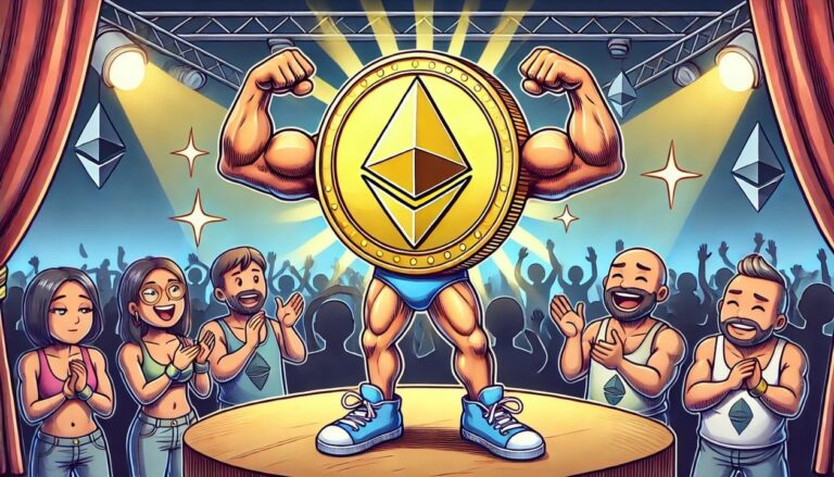 A drawing of an Ethereum coin with muscular arms and legs, flexing its muscles confidently in front of a cheering crowd