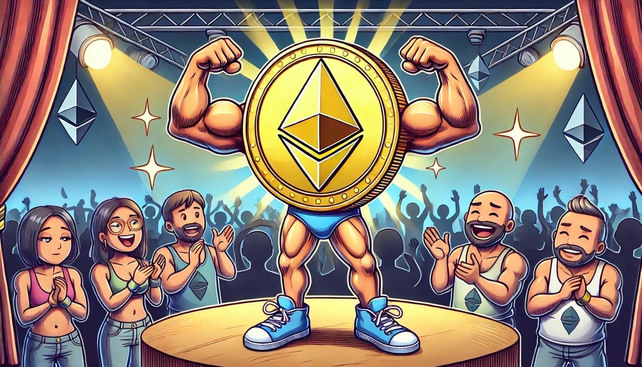 A drawing of an Ethereum coin with muscular arms and legs, flexing its muscles confidently in front of a cheering crowd