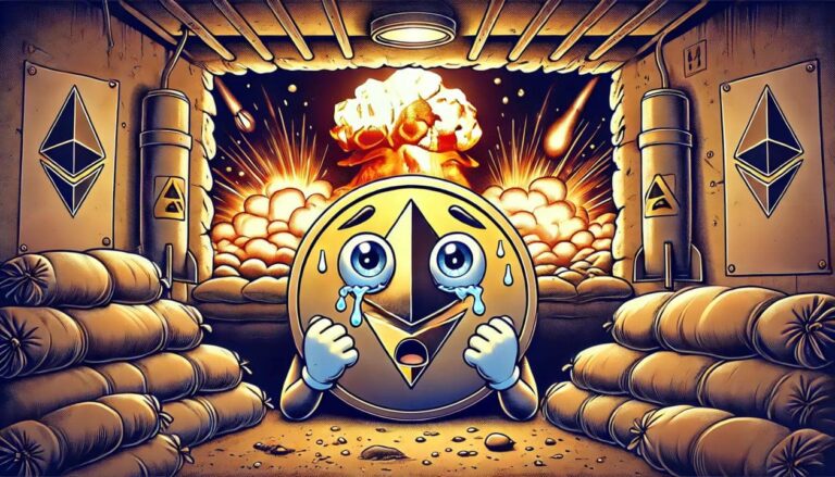 A drawing of an Ethereum coin with expressive eyes and arms, taking cover inside a dimly lit bomb shelter