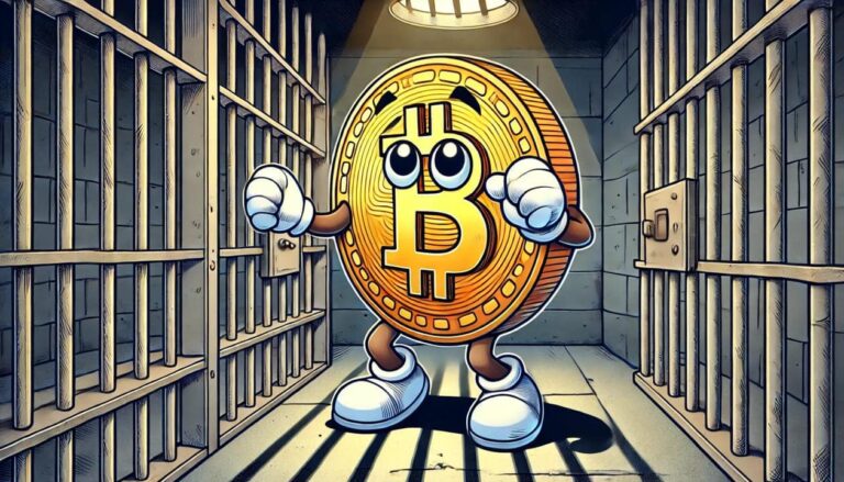 A cartoon drawing of a Bitcoin with arms and legs, locked inside a prison cell