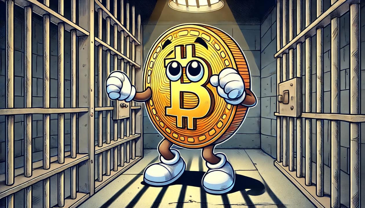 A cartoon drawing of a Bitcoin with arms and legs, locked inside a prison cell