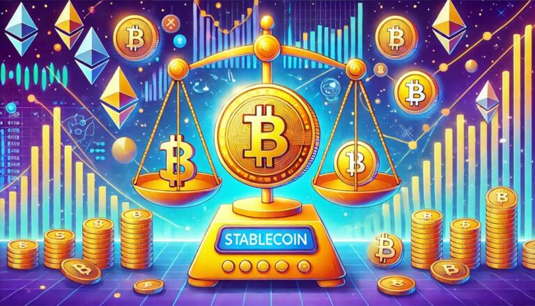 A cartoon illustration explaining stablecoins in cryptocurrency