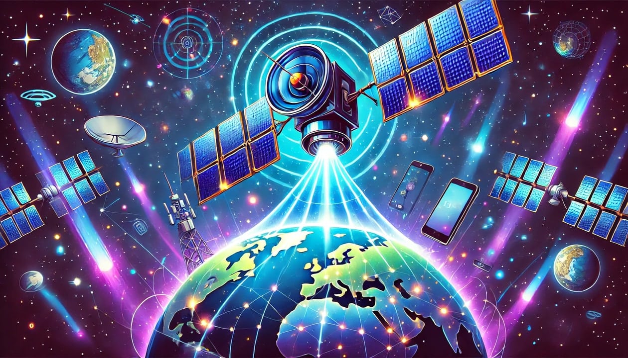 A drawing of a space based cellular broadband network with a futuristic satellite in Earth's orbit emitting strong broadband signals