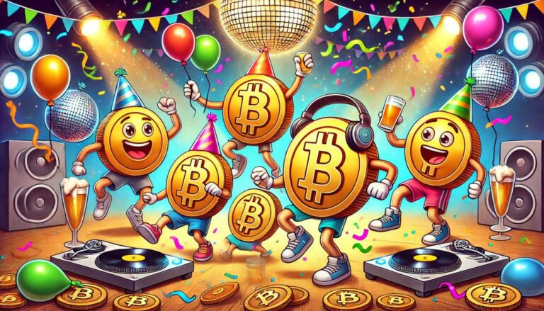 A cartoon style drawing of Bitcoins with arms and legs dancing and celebrating at a party