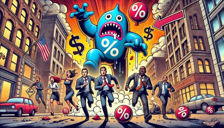 A cartoon drawing of people running in fear from a giant inflation monster