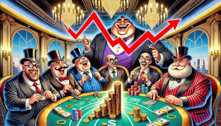 A cartoon drawing of overweight greedy globalist elites in expensive suits sitting around a luxurious casino table
