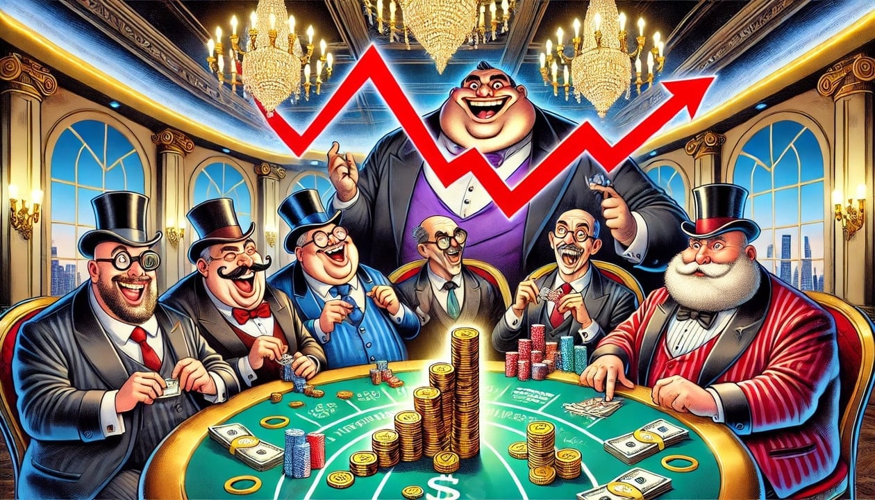 A cartoon drawing of overweight greedy globalist elites in expensive suits sitting around a luxurious casino table