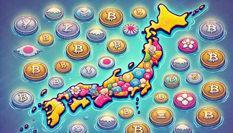 A drawing of Japan map with various altcoins placed across different regions