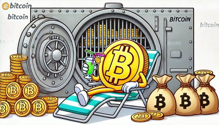 A cartoon drawing of a Bitcoin character with arms and legs, sitting in front of a giant bank vault