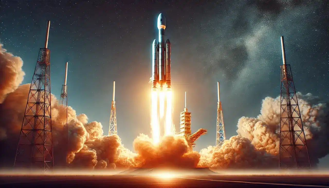 A powerful rocket blasting off from a launch pad guerillastocktrading