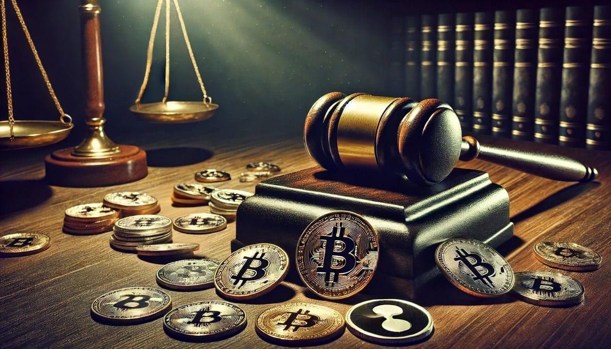 An image of a judge's gavel resting on a wooden table with bitcoin and altcoins