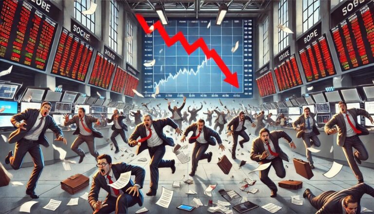 DALL·E 2024 08 05 15.57.31 A chaotic scene of stock traders running in fear as the stock market crashes. The background shows a large stock exchange board with red downward arro