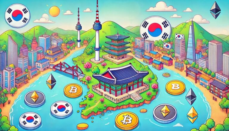 A drawing of South Korea, depicted as a stylized map with landmarks such as N Seoul Tower and Gyeongbokgung Palace