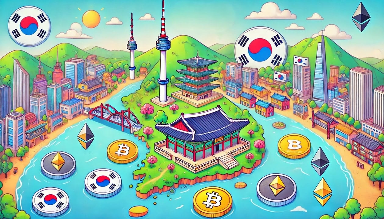 A drawing of South Korea, depicted as a stylized map with landmarks such as N Seoul Tower and Gyeongbokgung Palace