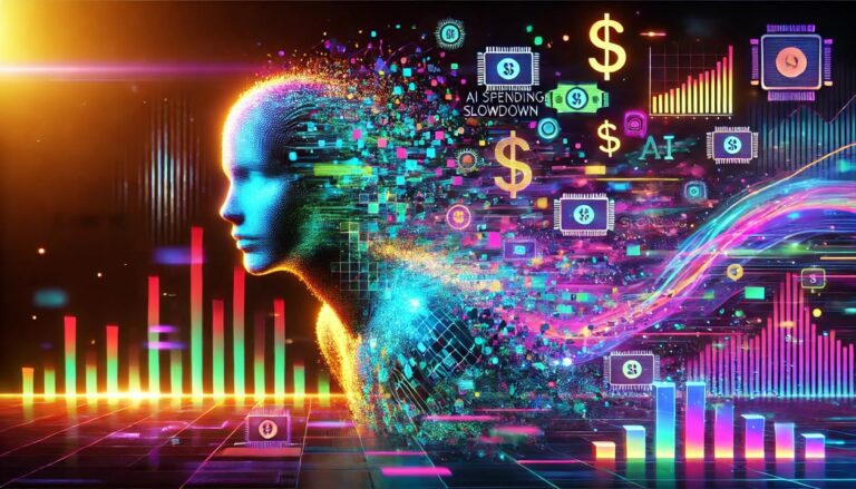artwork symbolizing AI spending slowdown featuring abstract representations of a robotic figure partially dissolving into pixels and data