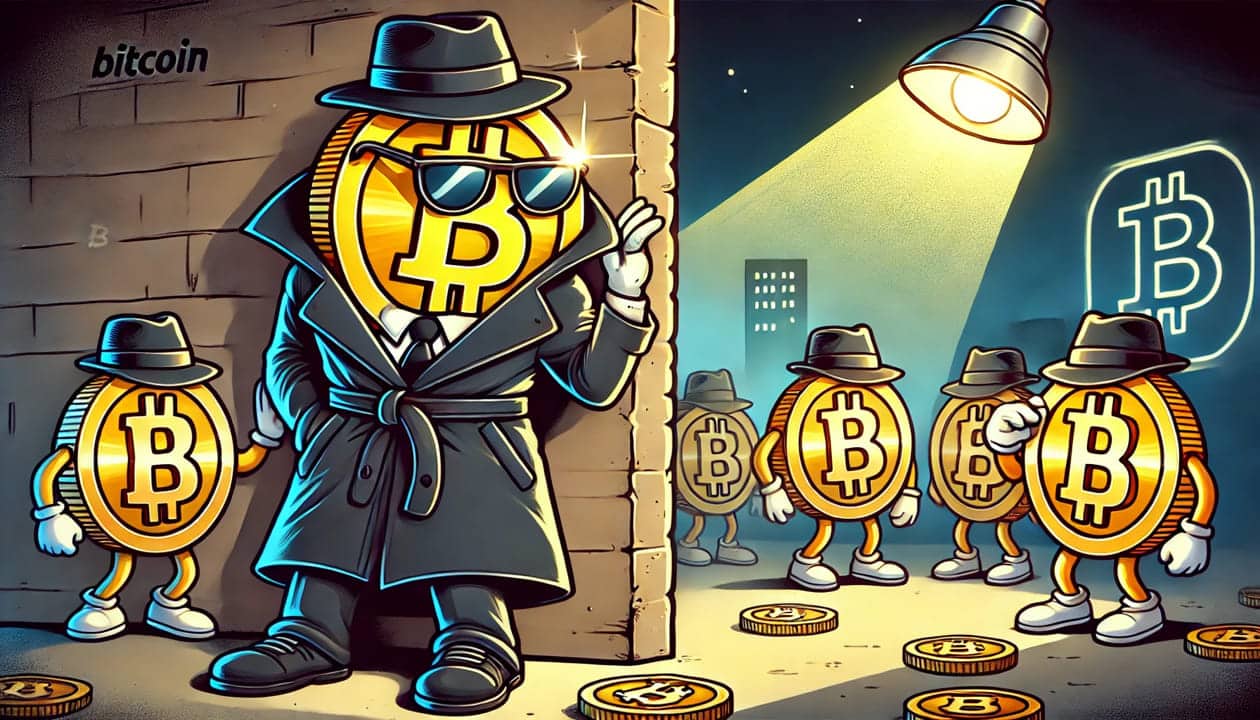 A cartoon style drawing of a Bitcoin character with arms and legs, dressed as a spy agent in a black trench coat spying on other coins