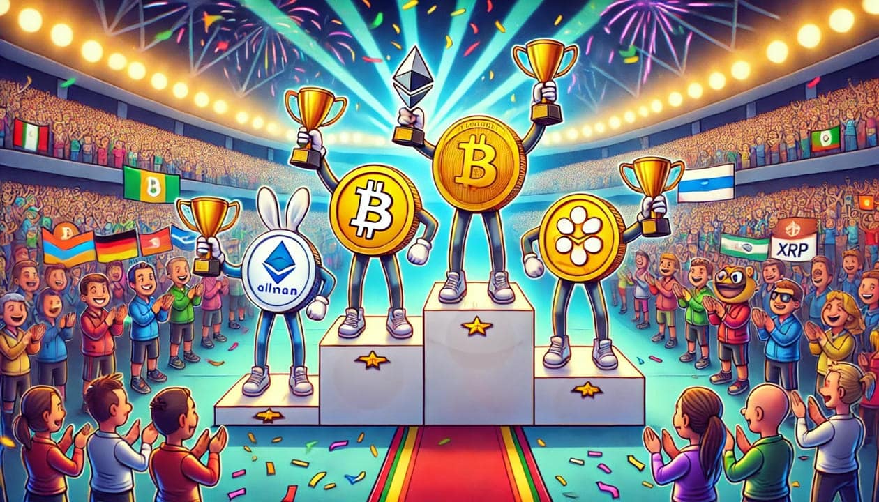 A colorful cartoon drawing of an Olympic style awards ceremony featuring five anthropomorphic altcoins standing on a grand stage