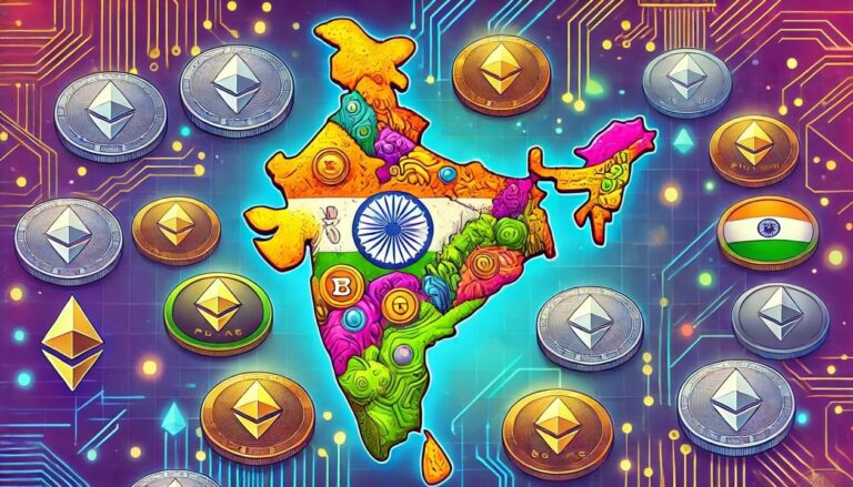 A drawing of the country of India with various altcoins scattered across it