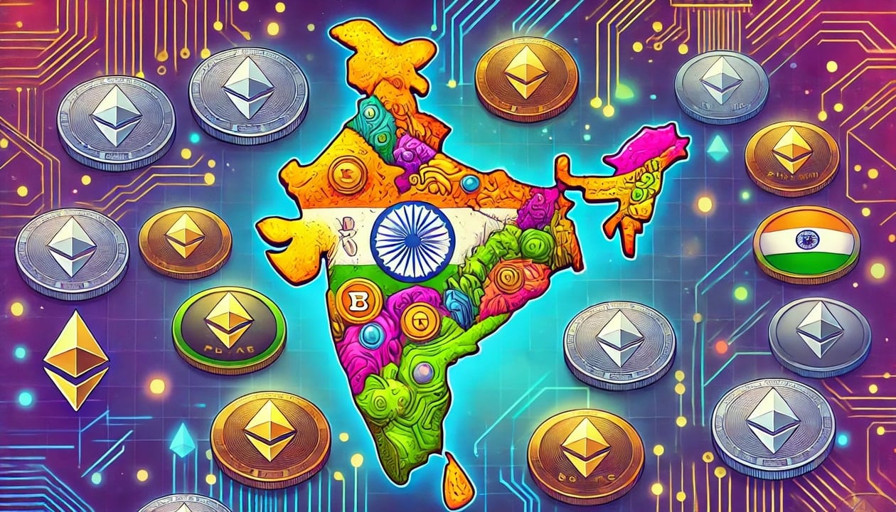 A drawing of the country of India with various altcoins scattered across it