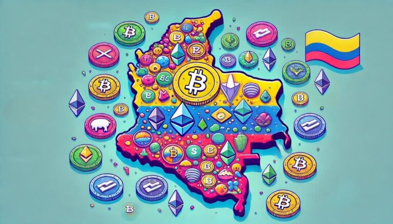 A colorful cartoon style map of Colombia, illustrated in a fun and vibrant way. The country is filled with various altcoins spread across its regions