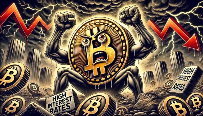 A dark, dramatic cartoon drawing of a Bitcoin coin with arms and legs, being crushed by large, heavy blocks labeled High Interest Rates