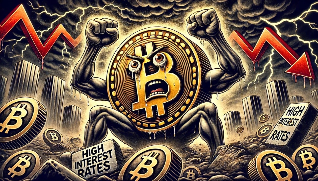 A dark, dramatic cartoon drawing of a Bitcoin coin with arms and legs, being crushed by large, heavy blocks labeled High Interest Rates