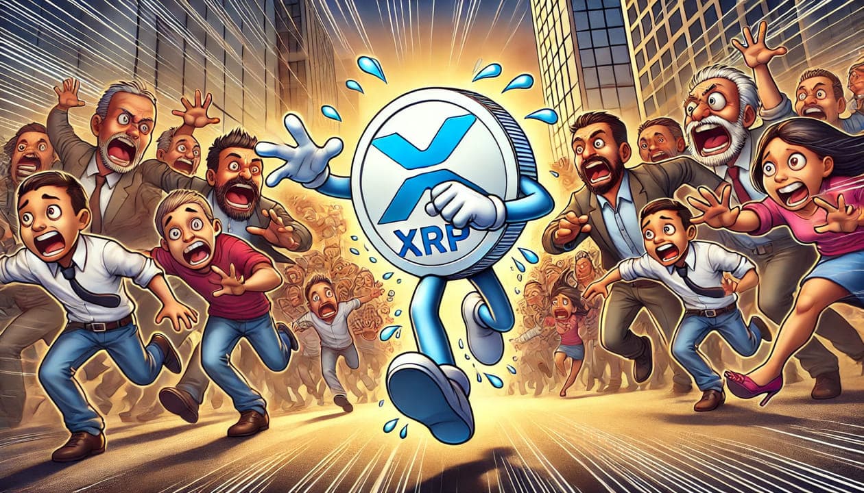 A digital illustration of the altcoin XRP depicted as a cartoon character with arms and legs, running frantically from a larger crowd of people that want it